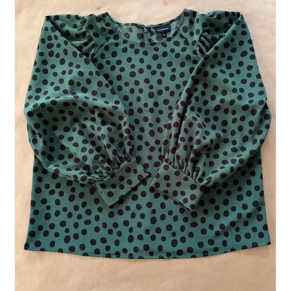 Who What Wear Green Black Polka Dot Puff Sleeve Blouse Large Office Career Retro